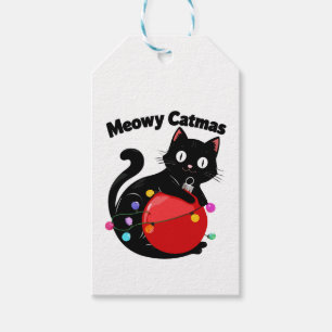 Meowy Catmas - Cat with Christmas ornament Gift Tags