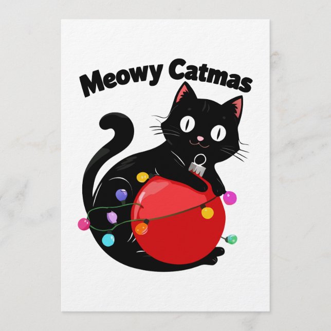 Meowy Catmas - Cat with Christmas ornament Invitation (Front)