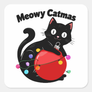 Meowy Catmas - Cat with Christmas ornament Square Sticker