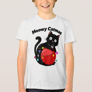 Meowy Catmas - Cat with Christmas ornament Tri-Blend Shirt