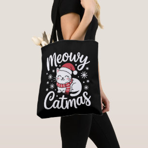 Meowy Catmas Christmas Cat Santa Hat Scarf Xmas Tote Bag