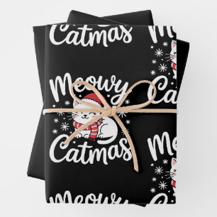Meowy Catmas Christmas Cat Santa Hat Scarf Xmas Wrapping Paper Sheet