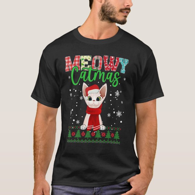 Meowy Catmas Christmas Cat Santa Scarf Ugly T-Shirt (Front)