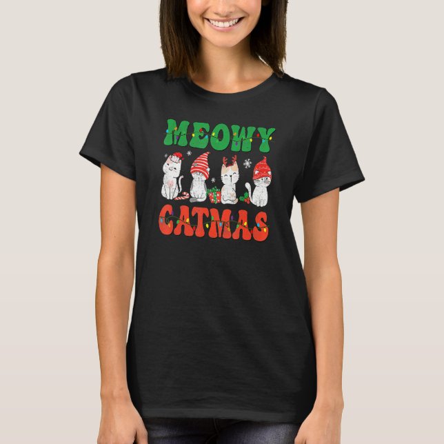 Meowy Catmas Christmas Cute Kitten Cat Santa Hat X T-Shirt (Front)