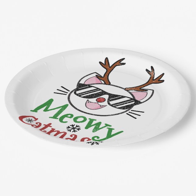 Meowy Catmas Christmas Kitty Cat Red Nose Reindeer Paper Plate (Angled)