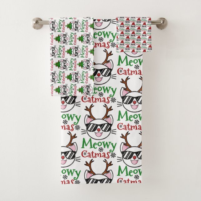 Meowy Catmas Christmas Kitty Cat Santa Reindeer Bath Towel Set (Insitu)
