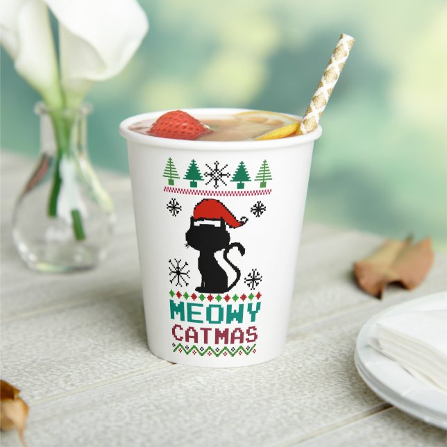 Meowy Catmas Christmas Santa Cat Ugly Sweater Paper Cups (Insitu)