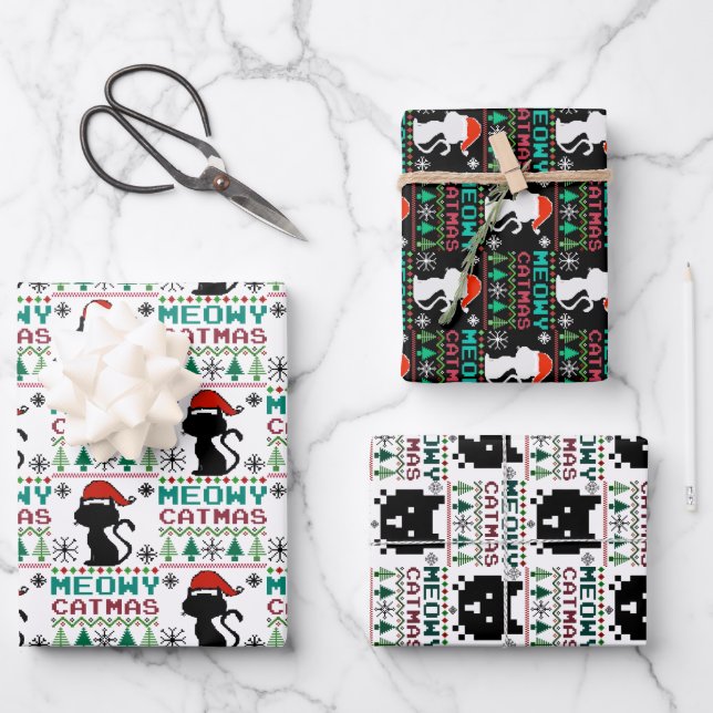 Meowy Catmas Christmas Santa Cat Ugly Sweater Wrapping Paper Sheet (Front)