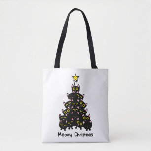 Meowy Catmas Funny Christmas Cat Xmas Tree Black Tote Bag