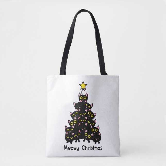 Meowy Catmas Funny Christmas Cat Xmas Tree Black Tote Bag (Front)