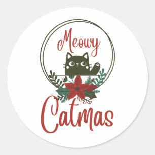 Meowy Catmas, Funny Christmas  Classic Round Sticker