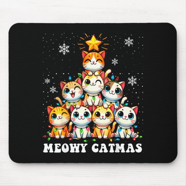 Meowy Catmas Funny Christmas Tree Lights Cute Cat  Mouse Mat (Front)