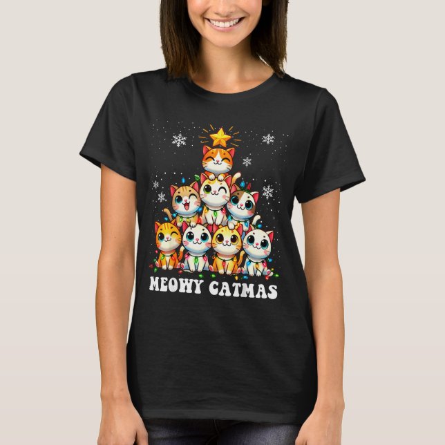 Meowy Catmas Funny Christmas Tree Lights Cute Cat  T-Shirt (Front)