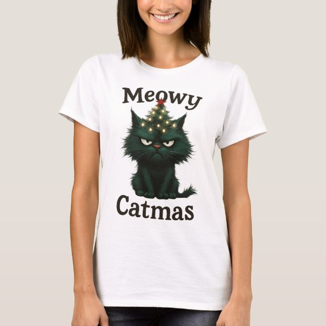Meowy Catmas Moody cat T-Shirt (Front)