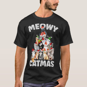 Meowy Catmas Santa Hat Cat Christmas Tree T-Shirt