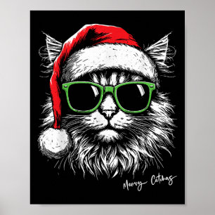 Meowy Catmas Santa Hat Cute Cat Christmas Pajamas Poster