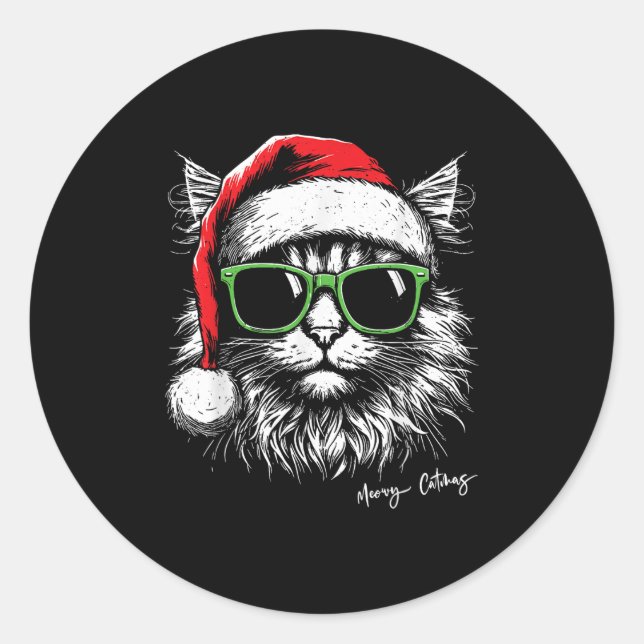 Meowy Catmas Santa Hat Cute Cat Christmas Pyjamas  Classic Round Sticker (Front)