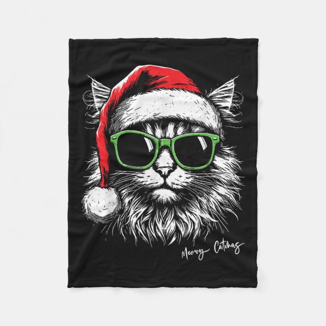 Meowy Catmas Santa Hat Cute Cat Christmas Pyjamas  Fleece Blanket (Front)
