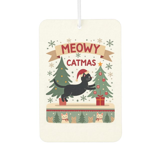 Meowy Catmas, Ugly Christmas Sweater, Cat Christma Car Air Freshener (Front)