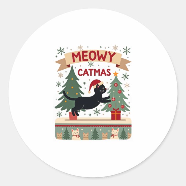 Meowy Catmas, Ugly Christmas Sweater, Cat Christma Classic Round Sticker (Front)