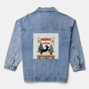 Meowy Catmas, Ugly Christmas Sweater, Cat Christma Denim Jacket