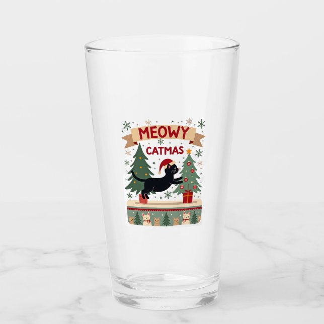 Meowy Catmas, Ugly Christmas Sweater, Cat Christma Glass (Front)