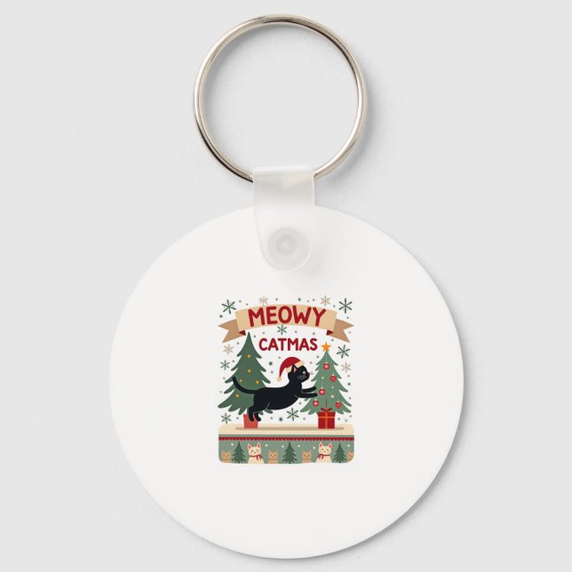 Meowy Catmas, Ugly Christmas Sweater, Cat Christma Key Ring (Front)