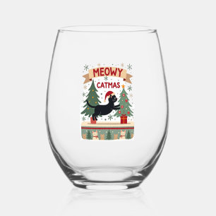 Meowy Catmas, Ugly Christmas Sweater, Cat Christma Stemless Wine Glass