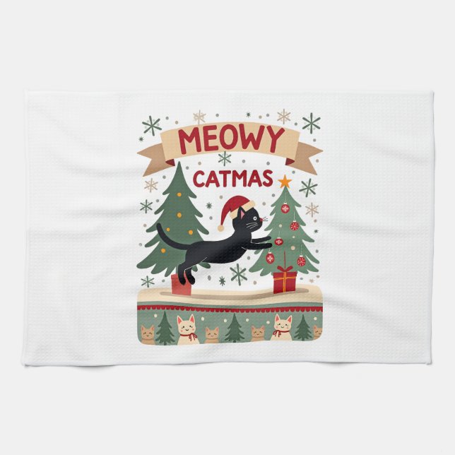 Meowy Catmas, Ugly Christmas Sweater, Cat Christma Tea Towel (Horizontal)