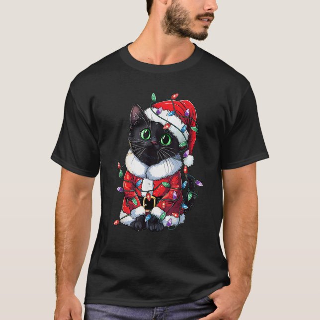 Meowy Cats Xmas Santa Christmas Black Cat Men Wome T-Shirt (Front)