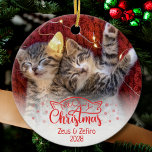 Meowy Christmas 2 photos fun cat lover Ceramic Tree Decoration<br><div class="desc">Ideal for any cat lover,  this lovely two-sided Christmas ornament features a fun "Meowy Christmas" caption decorated with adorable cat ears and snowflakes. Easily customize this ornament with two of your favorite cat's pictures,  the name(s) of your cat(s),  and the current year.</div>