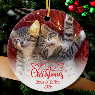 Meowy Christmas 2 photos fun cat lover Ceramic Tree Decoration