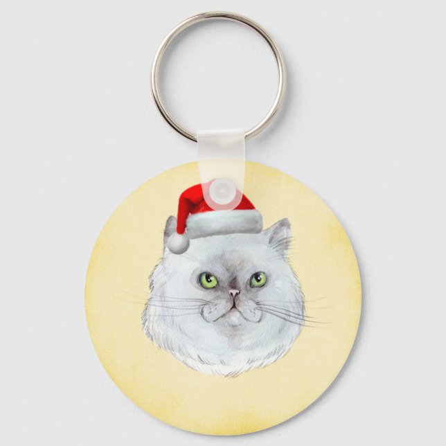 Meowy Christmas! A cute Cat with Santa Hat Key Ring (Front)