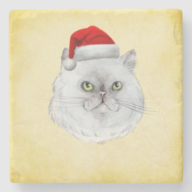 Meowy Christmas! A cute Cat with Santa Hat Stone Coaster (Front)