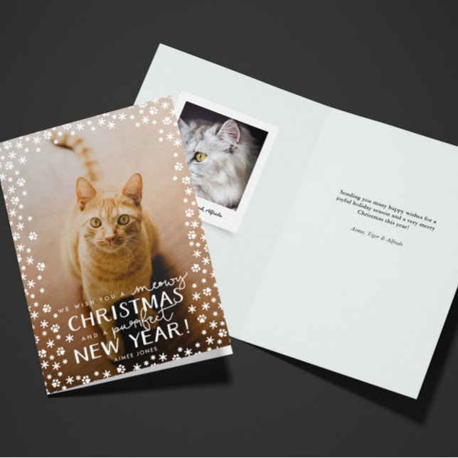 Meowy Christmas and Purrfect New Year Cat Holiday Card (folded cat Christmas holiday and new year greeting card with custom photo and message inside)