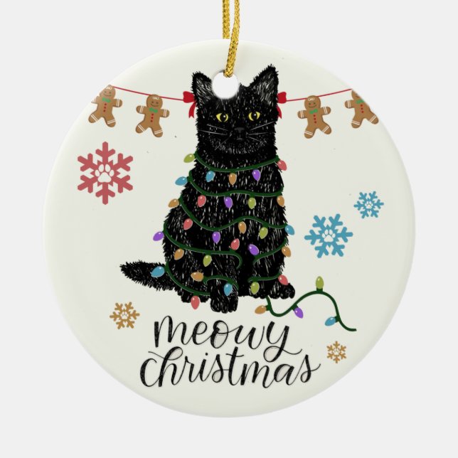 Meowy Christmas Black Cat Ceramic Tree Decoration (Front)