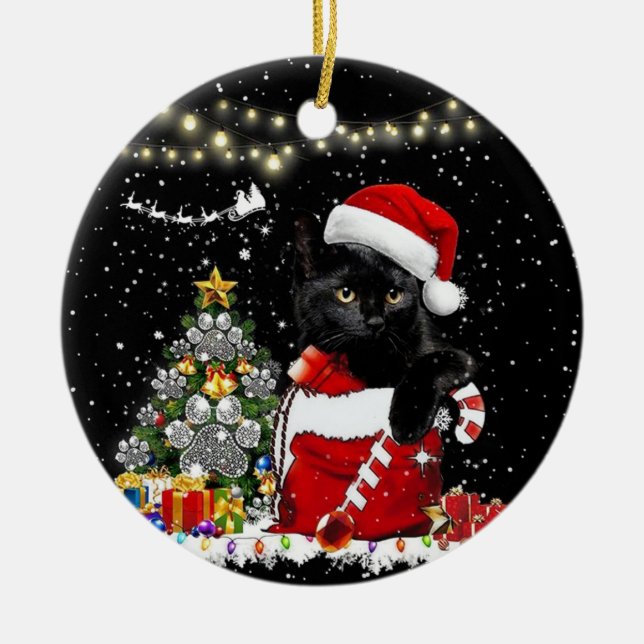 Meowy Christmas Black cat Ceramic Tree Decoration (Front)