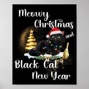 Meowy Christmas Black Cat Funny Santa Hat Happy Ne Poster