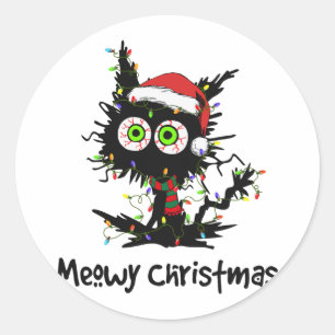 Meowy Christmas Black Cat Light Christmas Pyjamas  Classic Round Sticker