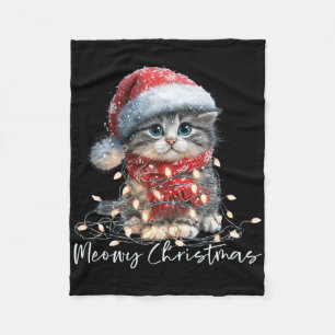 Meowy Christmas Black Cat Lights Santa Hat Funny H Fleece Blanket