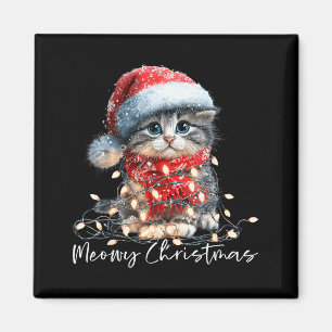 Meowy Christmas Black Cat Lights Santa Hat Funny H Magnet
