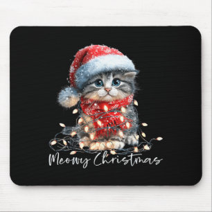 Meowy Christmas Black Cat Lights Santa Hat Funny H Mouse Mat