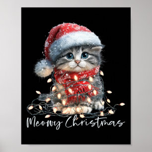 Meowy Christmas Black Cat Lights Santa Hat Funny H Poster