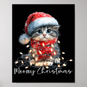 Meowy Christmas Black Cat Lights Santa Hat Funny H Poster
