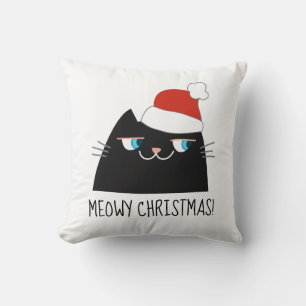 Meowy Christmas Black Cat Pillow Funny Cute