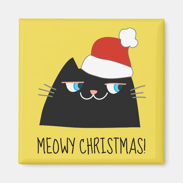 Meowy Christmas Black Cat | Santa Claus Kitty Magnet (Front)