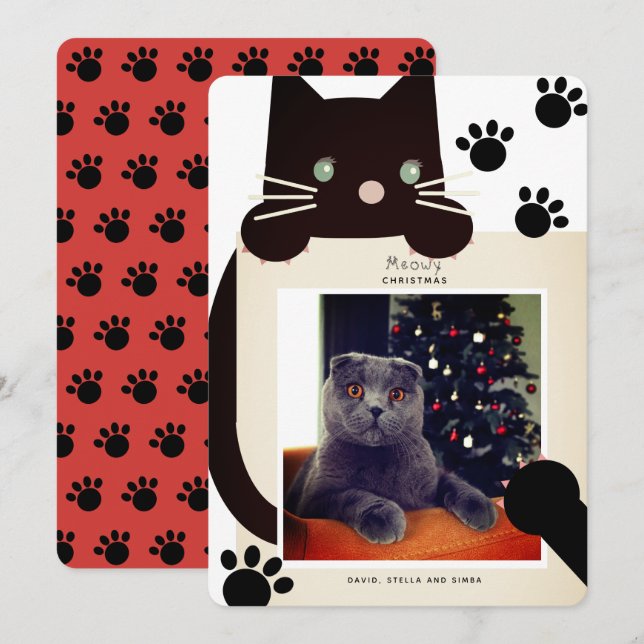 Meowy Christmas Black Cat White Photo Holiday Card (Front/Back)
