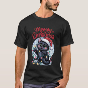 Meowy Christmas Black Cat with Santa Hat and Light T-Shirt