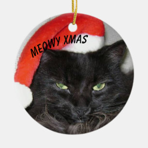 Meowy Christmas Black Cat With Santa Hat Ceramic Tree Decoration