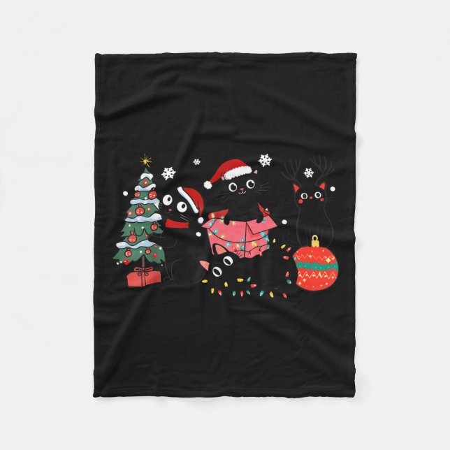 Meowy Christmas Black Cats Play Christmas Tree Lig Fleece Blanket (Front)